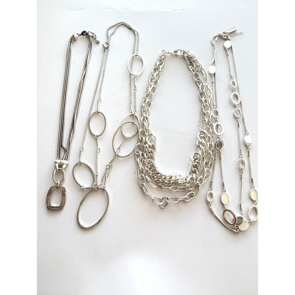 Vintage Silver Tone Chunky Chain Geometric Pendant Long Necklace Reseller Lot 4